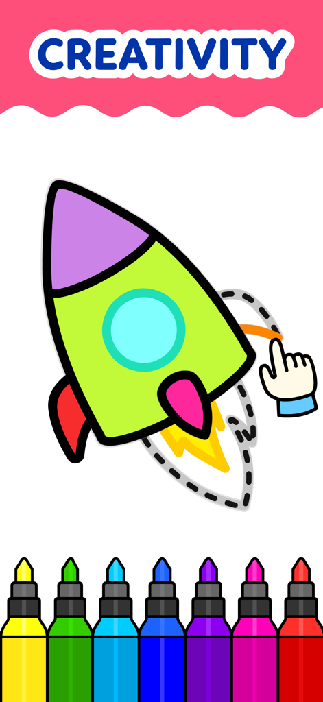 Coloring Games for Kids 2-6! - A child tracing and coloring a rocket ship with colorful markers in a creativity app for kids.