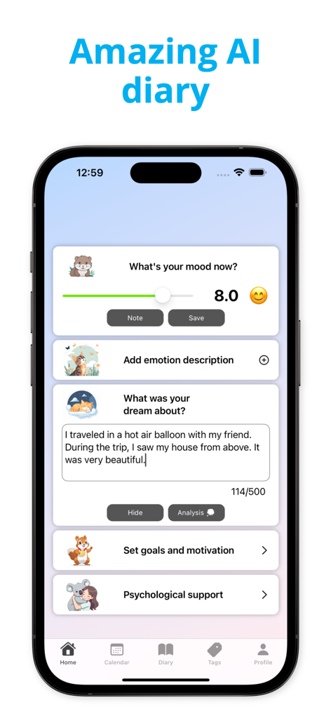 Interface of the Mila AI Dream and Emotion Diary app featuring mood tracking and dream analysis tools