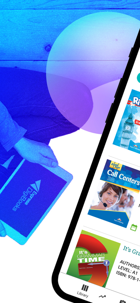 A person holding a tablet alongside a smartphone screen showing the Express DigiBooks digital library interface.