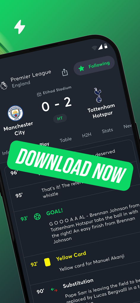 SB LIVE - Sports Scores & News - SB LIVE Mobile App-Oberfläche mit Echtzeit-Fußballergebnissen und Spielereignissen der Premier League