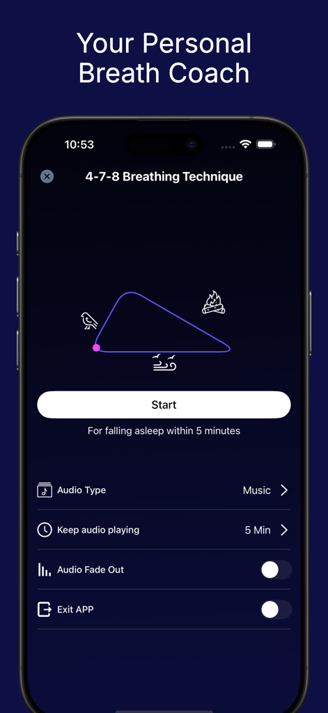 Daily Meditation Studio - Interface do aplicativo Daily Meditation Studio mostrando o exercício de técnica de respiração 4-7-8 com um guia visual e configurações de temporizador.