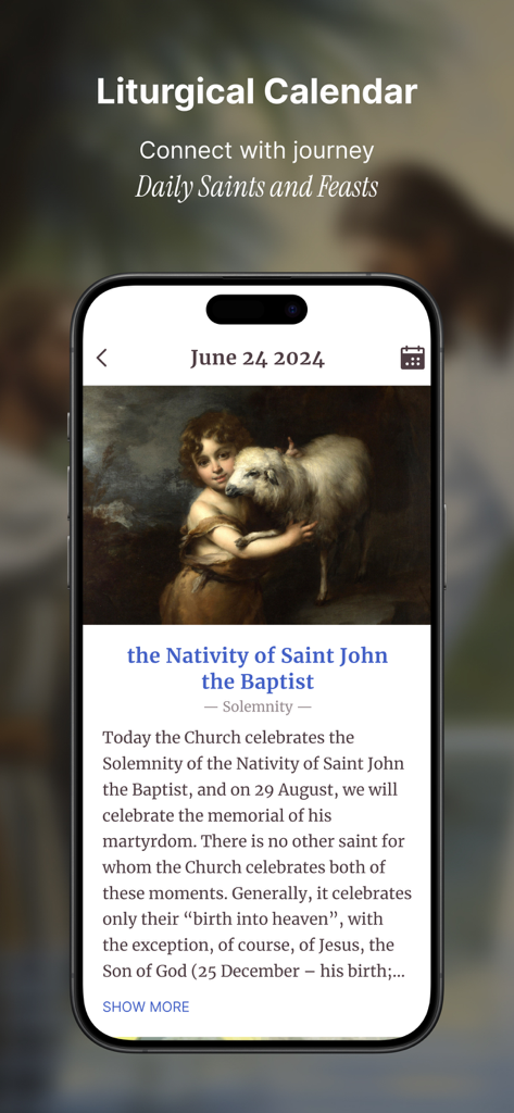Oremus mobile app screen displaying the Liturgical Calendar and the feast of the Nativity of Saint John the Baptist with classical artwork.