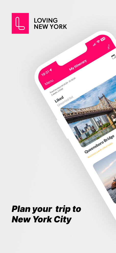 La aplicación Loving New York mostrando un itinerario de viaje personalizado con el Puente de Queensboro como ubicación guardada