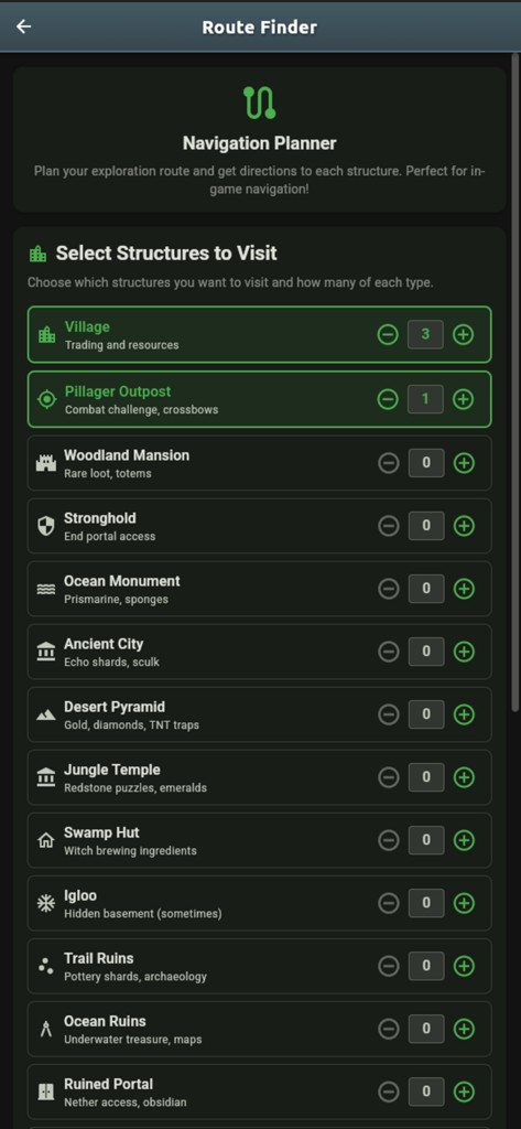 SeedMap Route Finder screen showing a list of Minecraft structures to visit with a navigation planner.