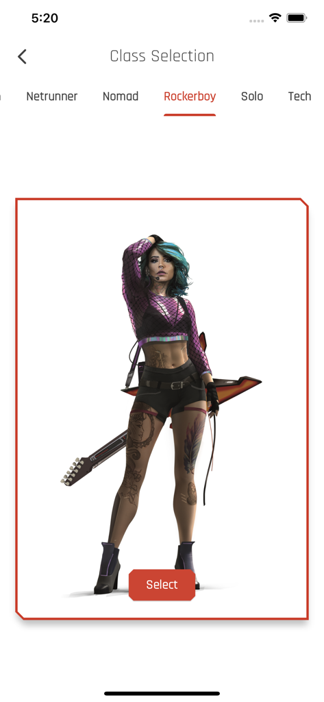 Class selection screen in the Cyberpunk Red Companion app featuring the Rockerboy role with a character illustration.