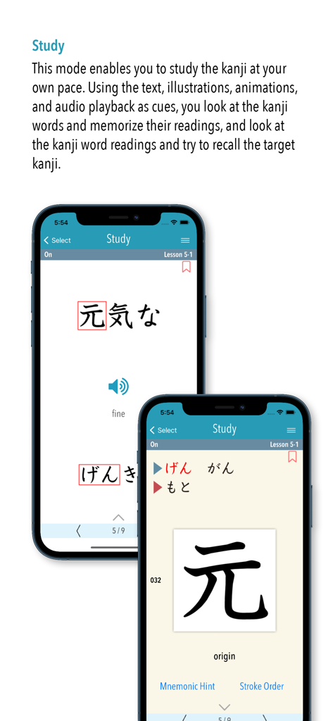 GENKI Kanji for 3rd Ed. - Screenshots of the GENKI Kanji app showing the study mode with Japanese characters and audio options