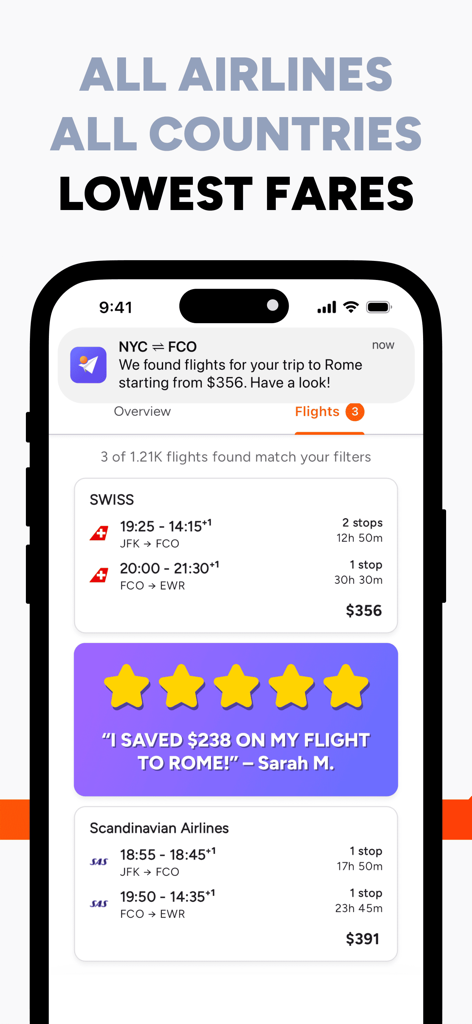 Tela de smartphone exibindo alertas de voos baratos para Roma com um depoimento de usuário de cinco estrelas.