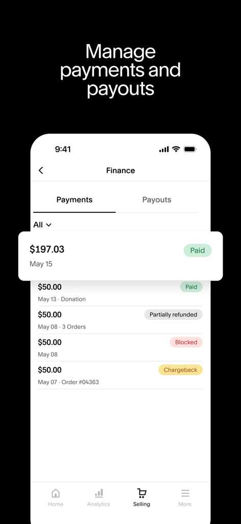 Squarespace App-Finanzbildschirm, der die Transaktionshistorie und Zahlungsstatus anzeigt