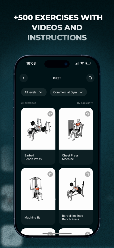 Befit AI app screen showing a library of chest exercises with video instructions