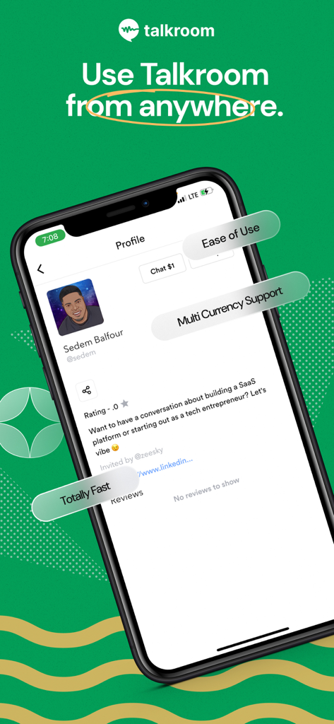Make Money Chatting — Talkroom - Una pantalla de iPhone que muestra el perfil de un usuario de Talkroom con etiquetas de características y un botón de chat