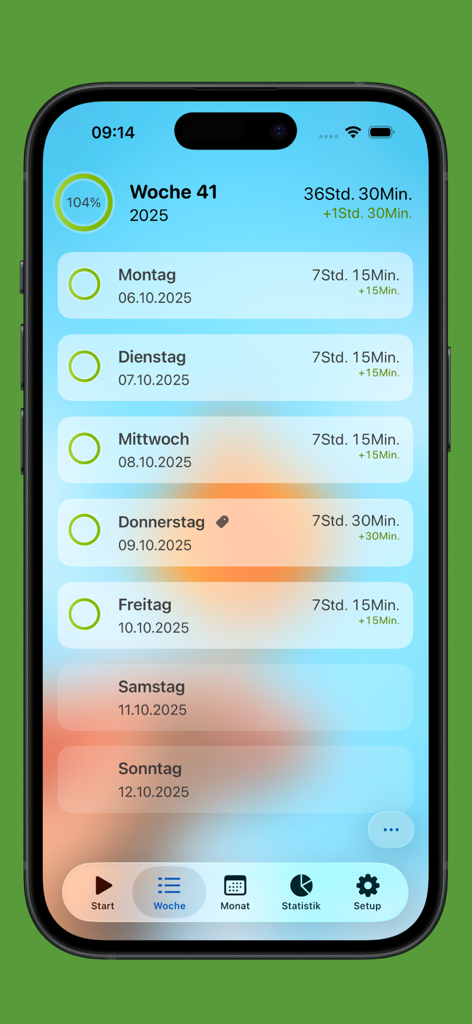 Automatic Time Clock - Weekly work hours log showing daily entries and overtime tracking on iPhone