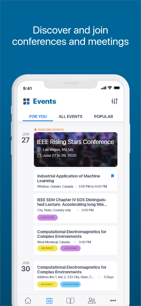 IEEE - IEEE-App-Oberfläche, die eine Liste bevorstehender professioneller Ingenieurkonferenzen und -treffen anzeigt