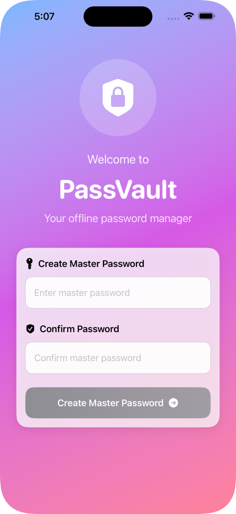 Welcome screen for PassVault offline password manager showing master password creation fields