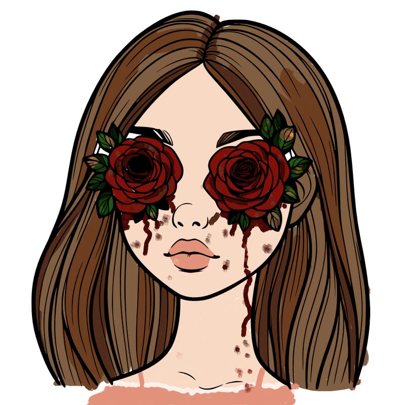 a realistic girl with roses for eyes