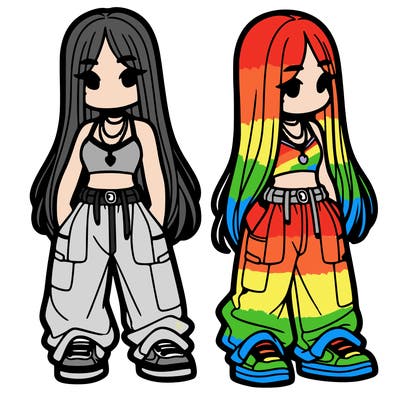 girl in baggy pants crop top and long hair