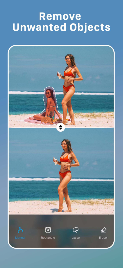 Everlook- Face & Body Editor - Démonstration avant et après de l'application Everlook supprimant une personne d'une photo de plage à l'aide de l'outil de suppression d'objets