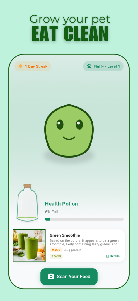 Snapmunch - Snapmunch app interface showing a virtual pet, a health potion meter, and a green smoothie meal scan result