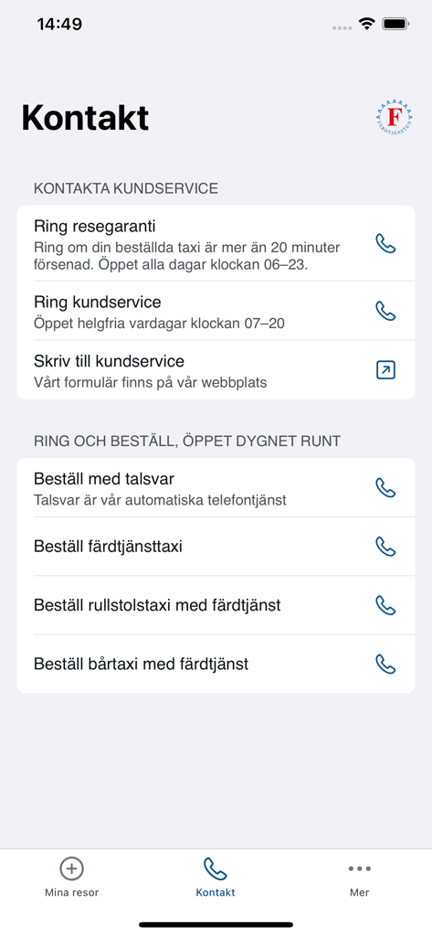 Contact screen for Stockholm paratransit service showing options to call customer service or book wheelchair taxis