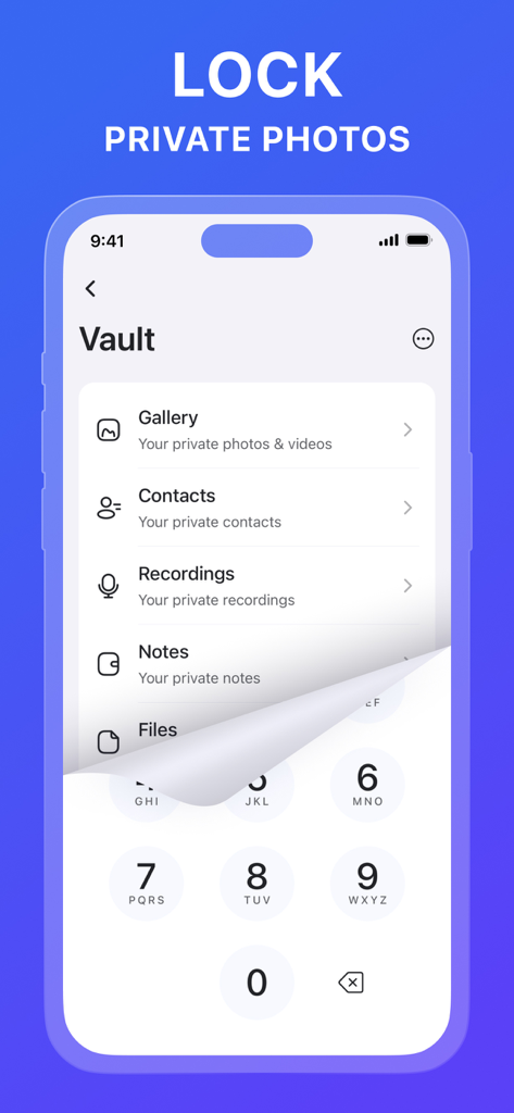 Ora Cleaner app interface showing a private vault with a numeric passcode lock for photos and files