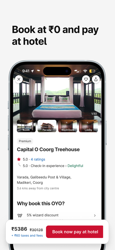 OYO: Hotel Booking App & Deals - OYOアプリの画面。ホテルの部屋の詳細と「今すぐ予約、ホテルで支払い」オプションが表示されています。