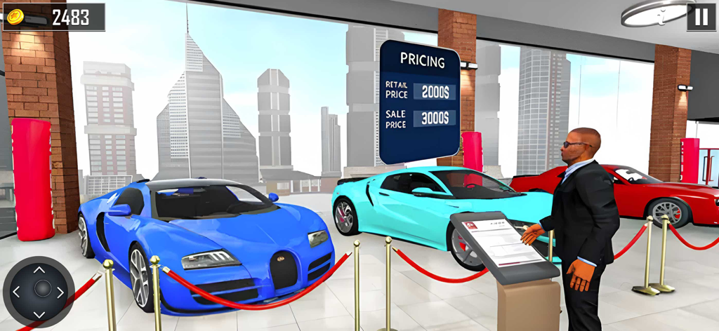 Car Dealership Simulator Game - 가상 자동차 딜러가 스포츠카가 있는 럭셔리 쇼룸에 서 있습니다