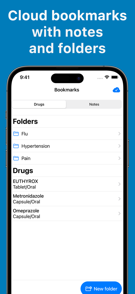 Drug Guide & Medication - Pantalla de marcadores en la nube que muestra carpetas y medicamentos guardados en la aplicación Guía de Medicamentos y Fármacos