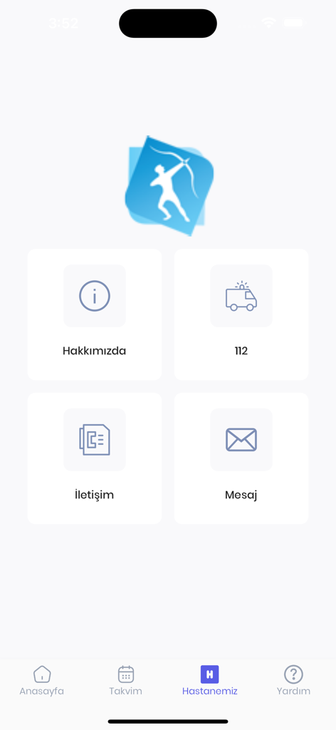 Cep Hastane - Cep Hastane app interface showing hospital information options including contact and emergency 112.
