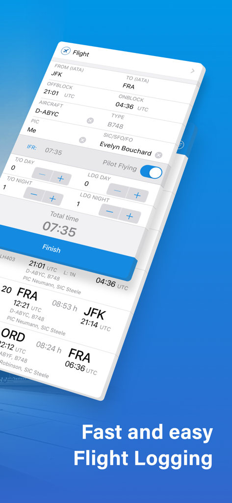 Interface of the OffBlock pilot logbook app showing flight details for a trip from JFK to FRA with easy data entry fields.