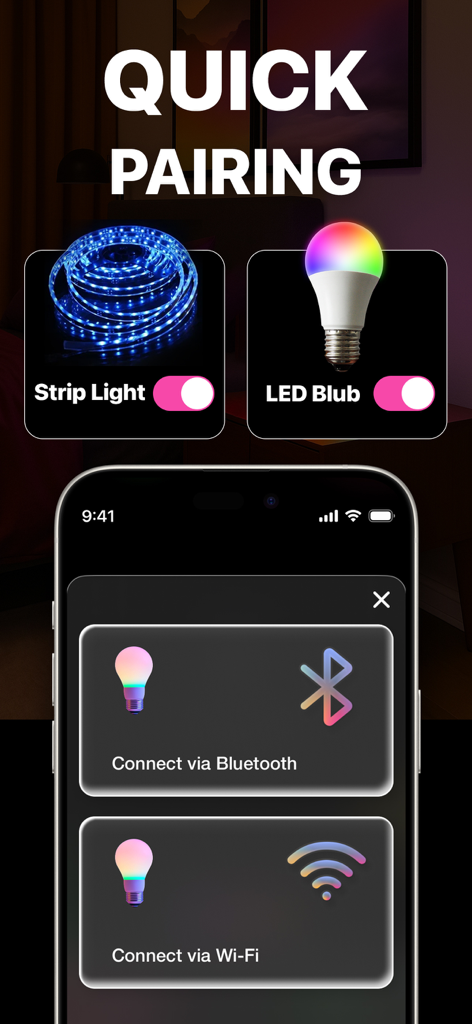 Interface of LedAI app showing quick pairing options for LED strips and bulbs via Bluetooth and Wi-Fi.