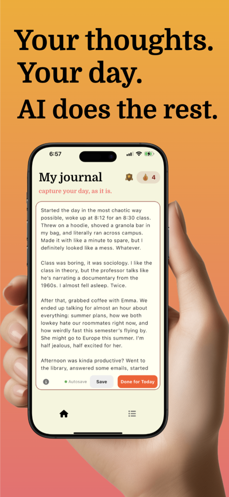 AI Journal & Diary - Reflect - Una mano sostiene un teléfono que muestra la interfaz de la aplicación AI Journal con una entrada de diario de formato libre y el eslogan Tus pensamientos Tu día La IA hace el resto.