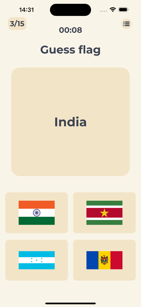 Guess the Flags - of the World - Tela de jogo mostrando um quiz de bandeira de múltipla escolha para a Índia.