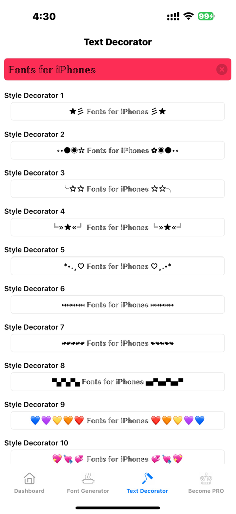 Font Generator - Cool Fonts - Interface of Font Generator app showing various text decorator styles with symbols and emojis for iPhone