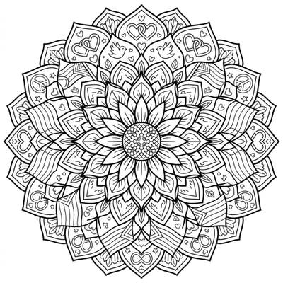 Immerse yourself in creativity with this stunning Sunflower Mandala coloring page, designed to honor Pride Month. Its intricate patterns feature uplifting symbols of love, peace, and diversity, inviting you to add your unique splash of color.