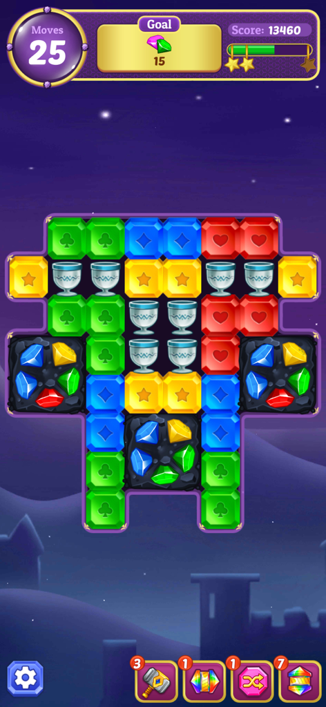 Capture d'écran de gameplay du puzzle Match 3 Jewel Gem montrant un plateau avec des bijoux colorés et des objectifs de jeu.