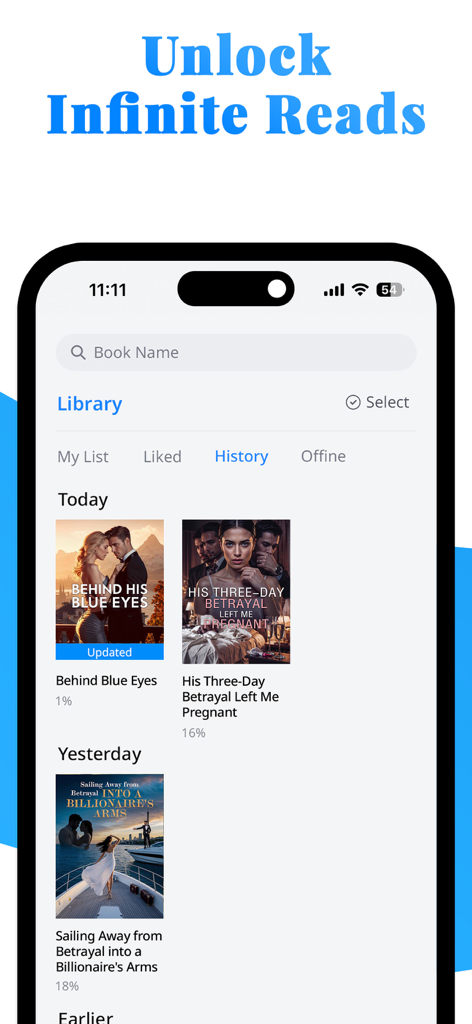 UrNovel: Story Books & Novels - UrNovel app library interface displaying a history of recently read romance novels on a smartphone