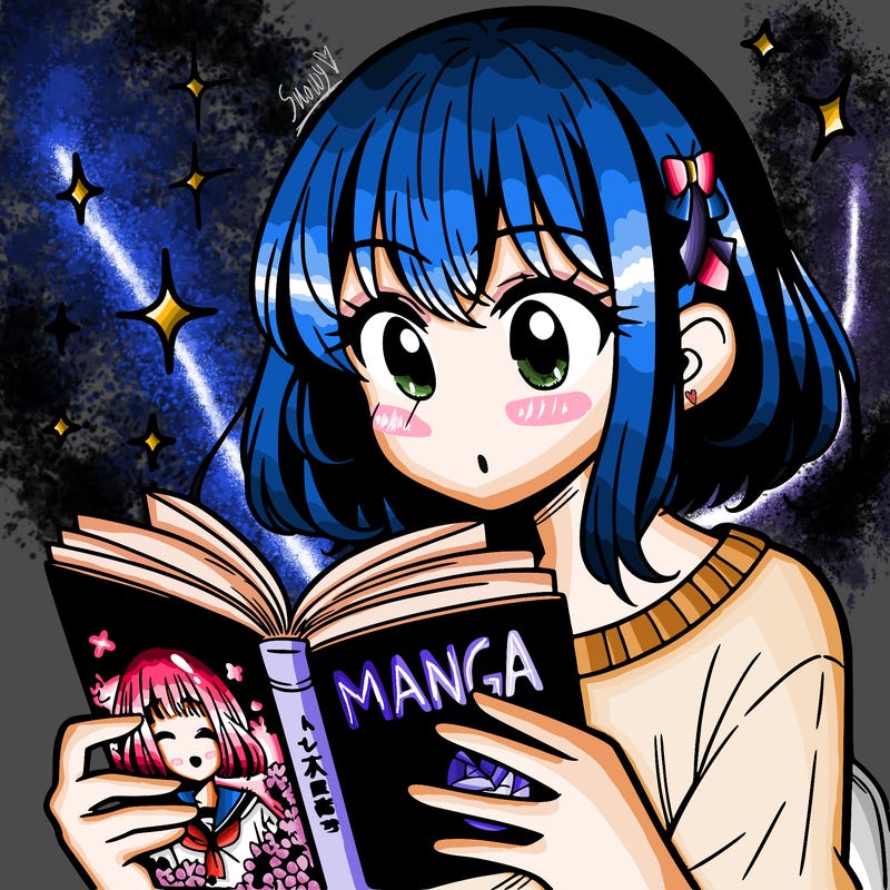 manga girl reading a manga book