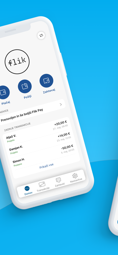 Flik Pay - Interface de l'application mobile Flik Pay affichant la liste des transactions récentes et les boutons d'action de paiement