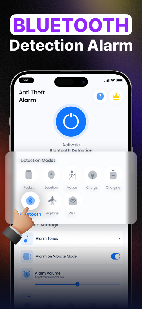 Anti Theft Phone Alarm - Interface of Anti Theft Phone Alarm app highlighting the Bluetooth detection mode selection