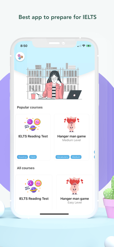 IELTS Reading - Advanced - Home screen of the IELTS Reading Advanced app featuring popular courses and a vocabulary hangman game.