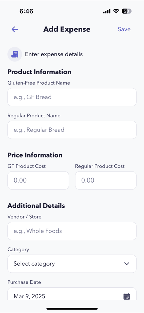 CeliTrack: Celiac Tax Helper - Tela Adicionar Despesa mostrando campos para comparação de custo de produtos sem glúten e regulares