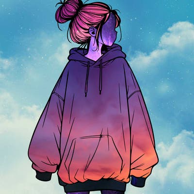 realistic girl with a oversized sweatshirt on and a bun