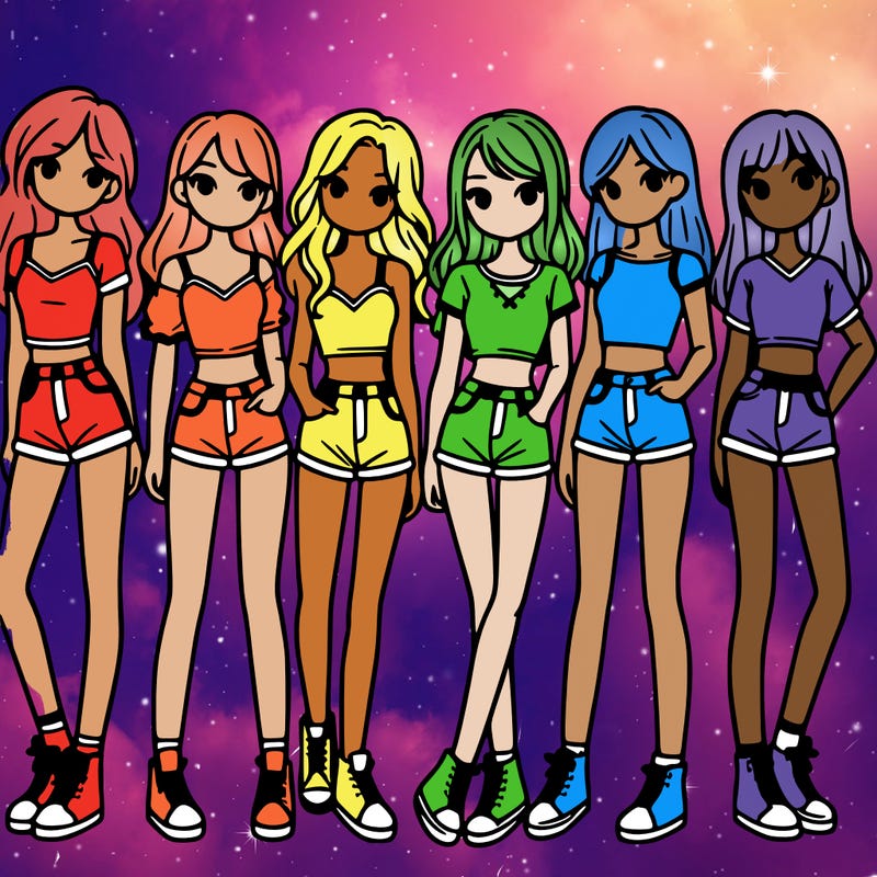 a group of girls wearing crop tops and shorts