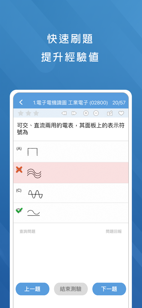 A practice question interface from the Skill Proficiency Examination Question Bank mobile app showing a multiple choice question for industrial electronics.