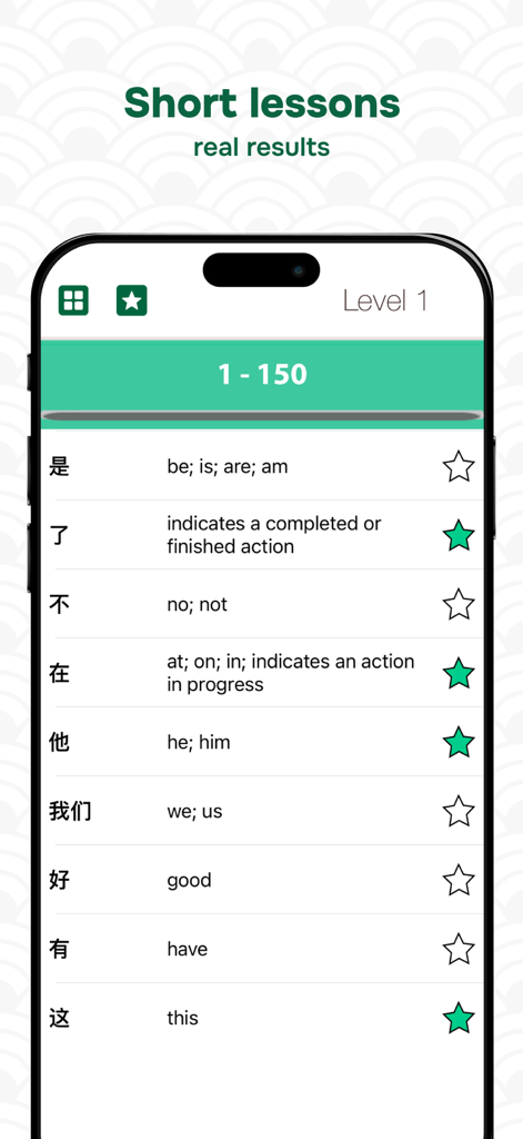 中国語の漢字と英語の意味を表示するHSKレベル1の単語リスト