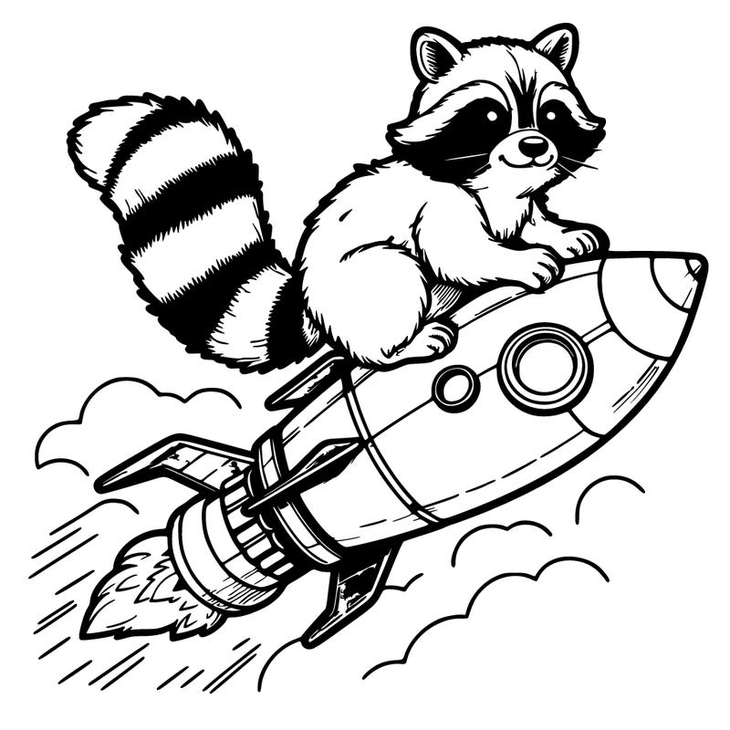 realistic raccoon flying on top rocket ship