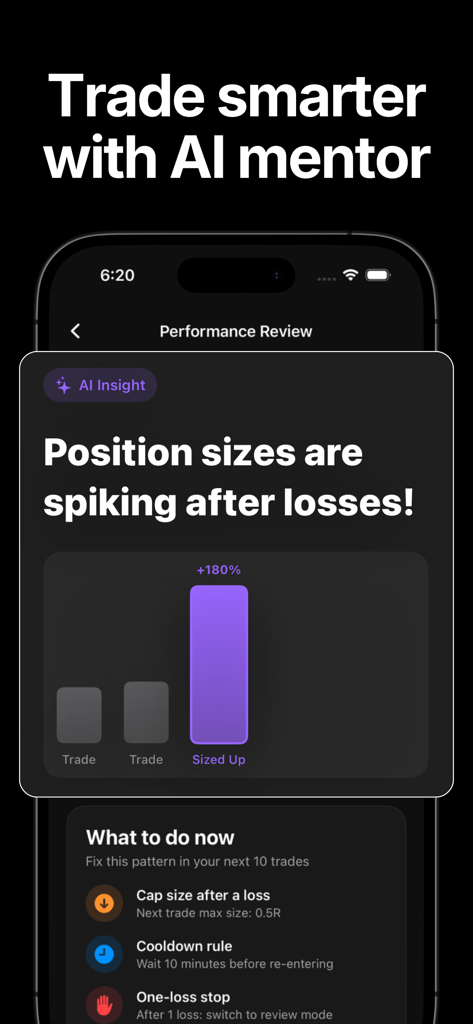 Trading Journal: Astro Trade - Performance review screen of Astro Trading Journal app showing AI insights and trading discipline rules.