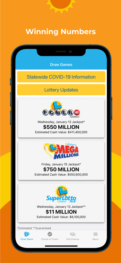 CA Lottery Official App - CA 복권 앱 화면에 파워볼, 메가 밀리언, 슈퍼로또 플러스 잭팟 금액 표시