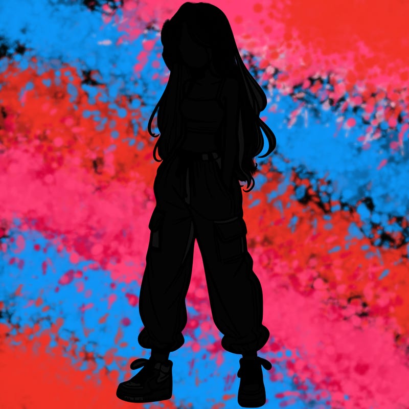 girl in baggy pants crop top and long hair