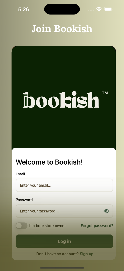 Login screen for the Bookish app showing email and password fields