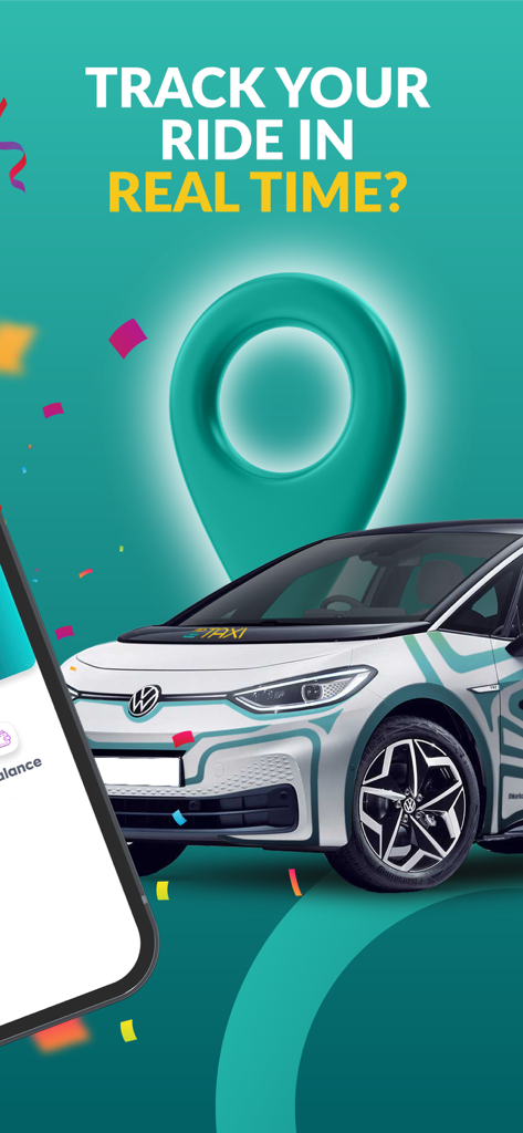 ETAXI. - An electric ETAXI vehicle in front of a map location pin with text promoting real-time tracking.